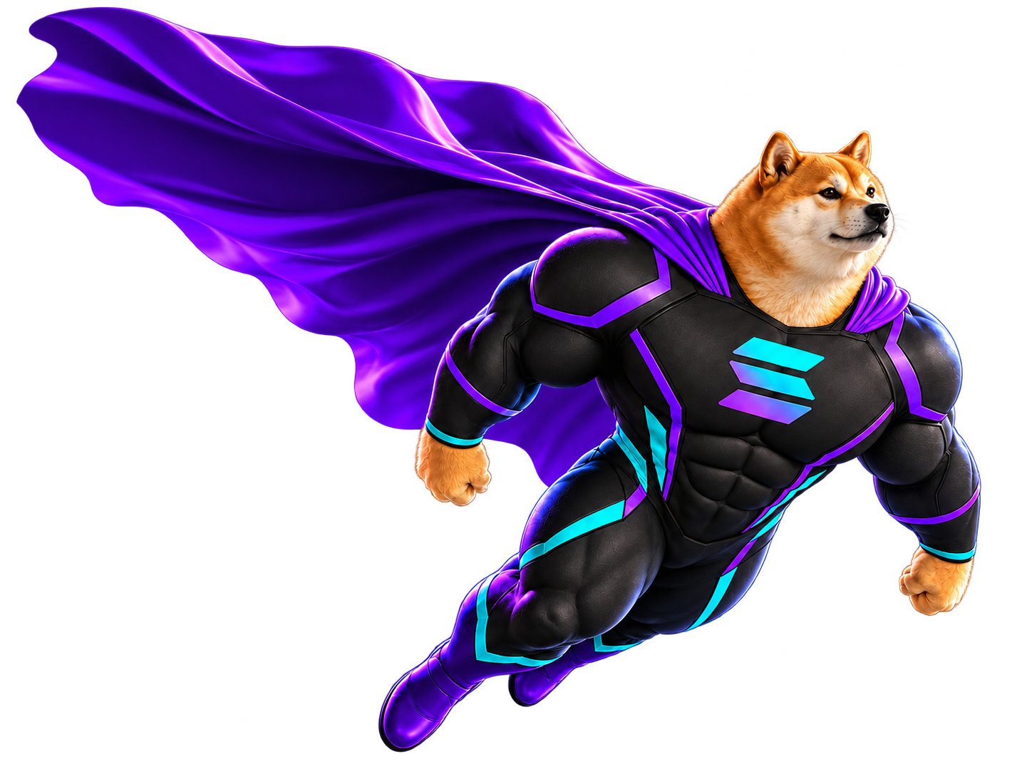 Strong Inu superhero floating through space in a purple cape