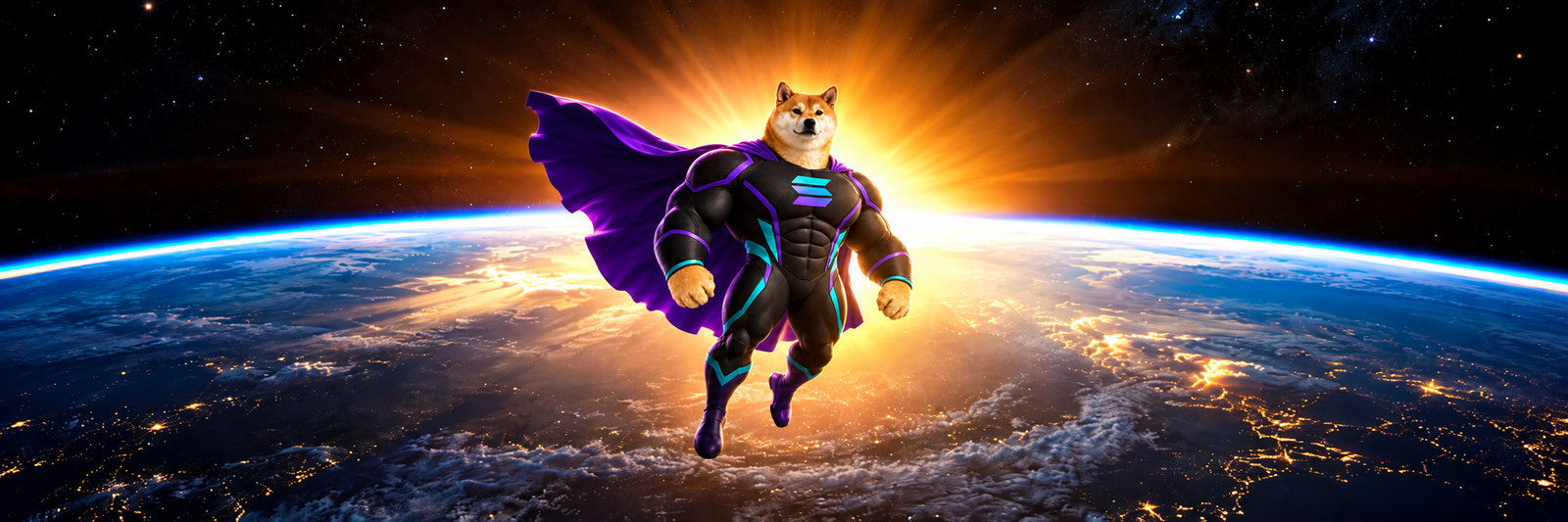 Strong Inu hovering above Earth at sunrise